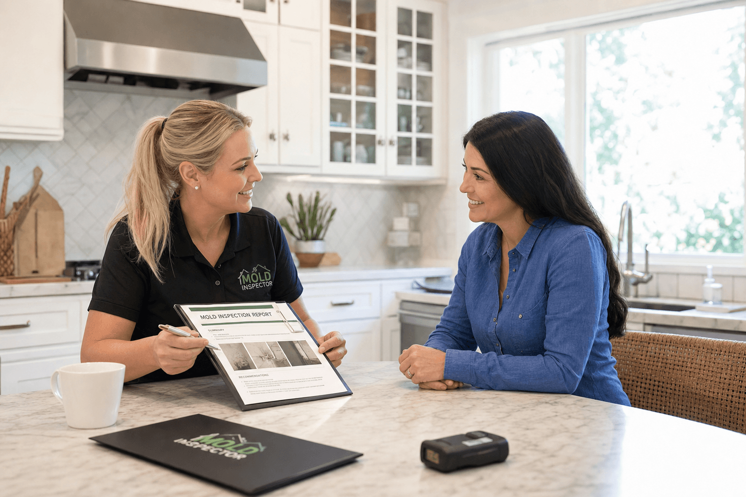 ACD Mold inspector explaining results to homeowner